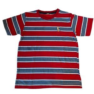 Vintage BUM Equipment Style Striped Dog Logo Tee Red Blue White 90s